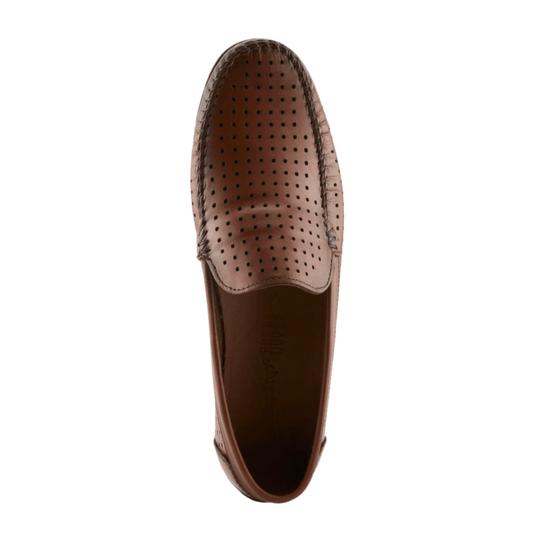 Brown perforated leather loafer viewed from above