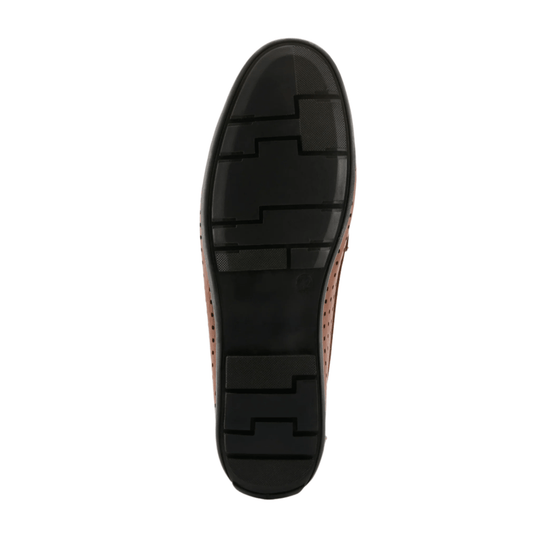Black and brown men’s loafer sole viewed from below