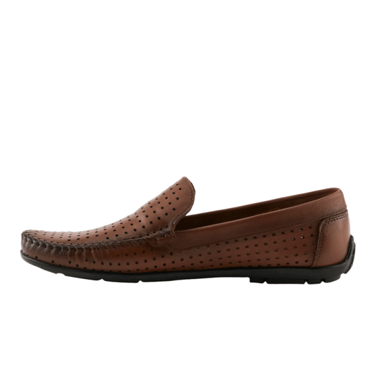 Brown perforated leather moccasin loafer with black sole, side view