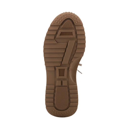 Brown sneaker outsole with ribbed tread, textured grip patches, and rounded heel and toe