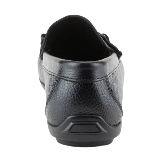 Black leather slip-on shoe shown from the back