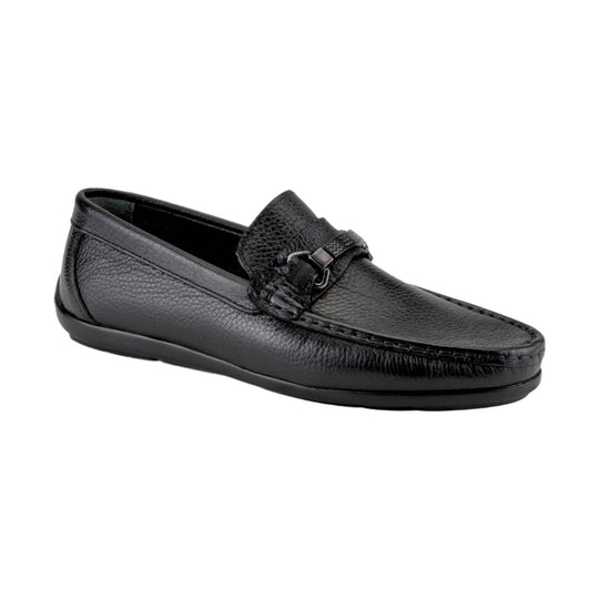Black leather loafer with a textured vamp, strap detail, and rubber sole