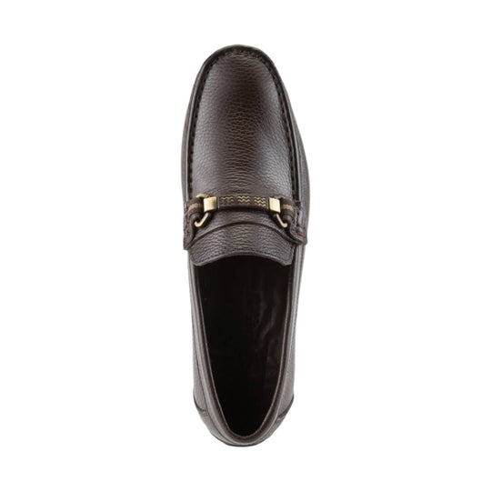 Dark brown leather loafer with textured upper and gold-tone bit detail, top view