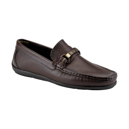 Dark brown leather loafer with a metal horsebit detail and textured upper