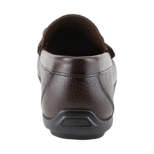 Brown leather slip-on shoe shown from the back