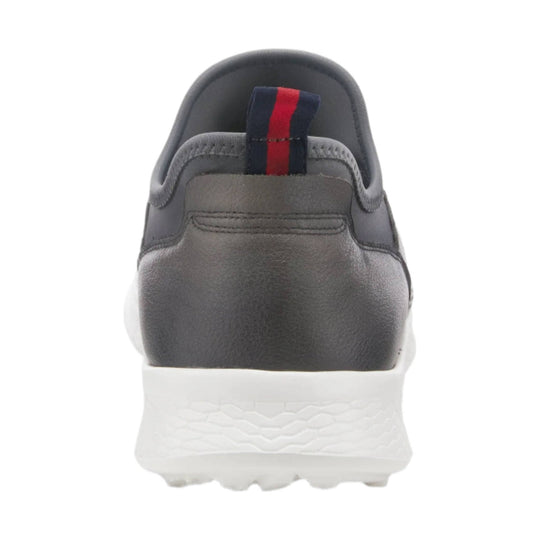 Gray slip-on sneaker with a white sole and red-and-navy pull tab