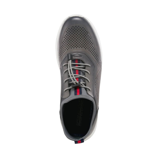 Gray perforated lace-up sneaker with striped tongue detail and black toe cap