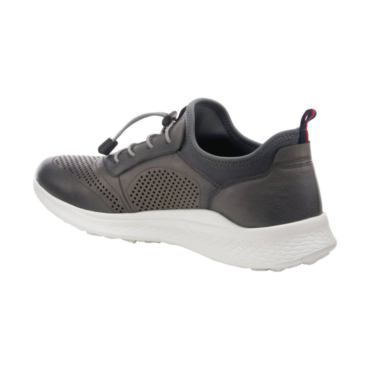 Gray low-top sneaker with perforated panels, white sole, and heel pull tab