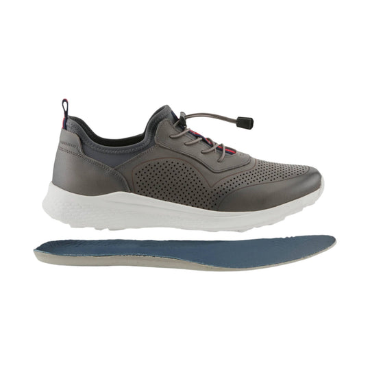 Gray lace-up sneaker with perforated panels, white sole, and pull tab