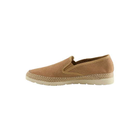 Tan slip-on shoe with perforated upper, woven espadrille-style midsole, and cream rubber sole