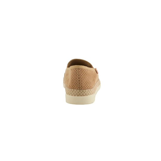 Tan perforated slip-on shoe shown from the back with woven heel detail and cream sole