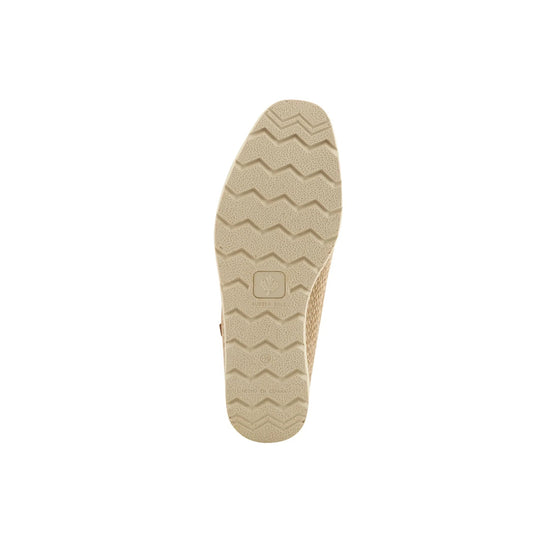 Beige rubber shoe sole with zigzag tread and embossed leaf logo