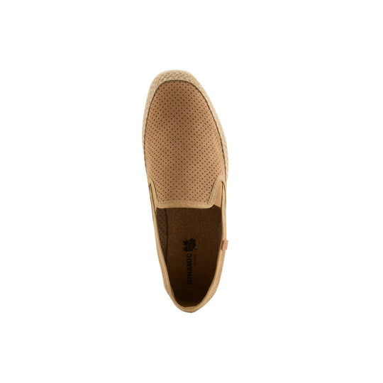 Tan perforated slip-on shoe with espadrille-style trim