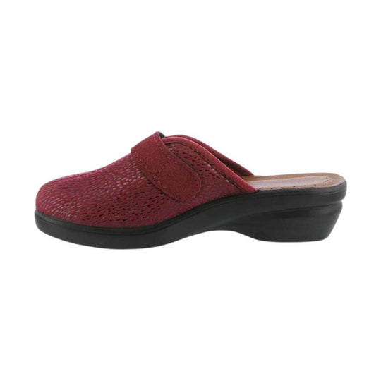 Burgundy perforated slip-on clog with a black wedge sole