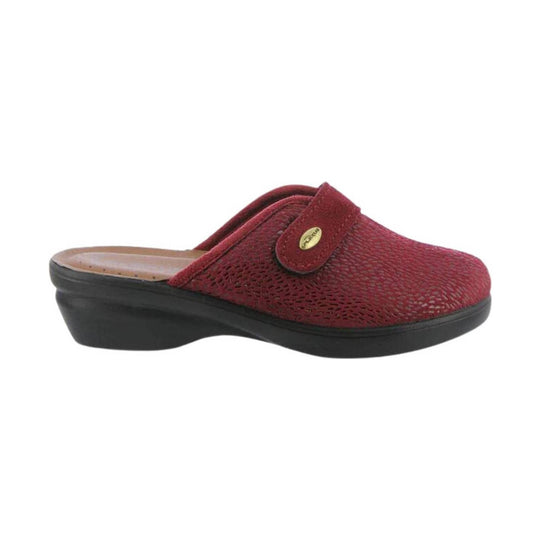 Burgundy closed-toe clog mule with a black wedge sole and side strap