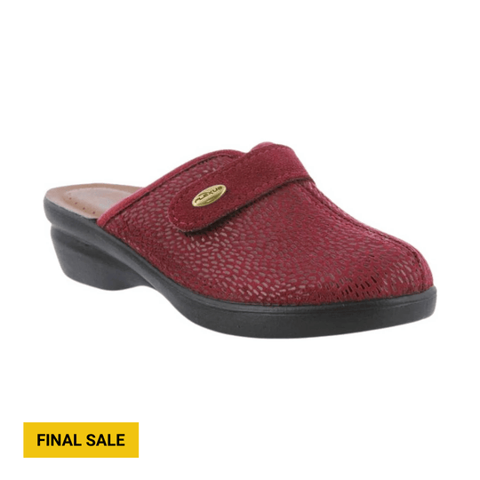 Burgundy textured slip-on clog with a black wedge sole and gold oval logo