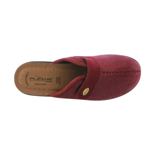 Red woven slip-on clog with a closed toe, open back, and tan insole
