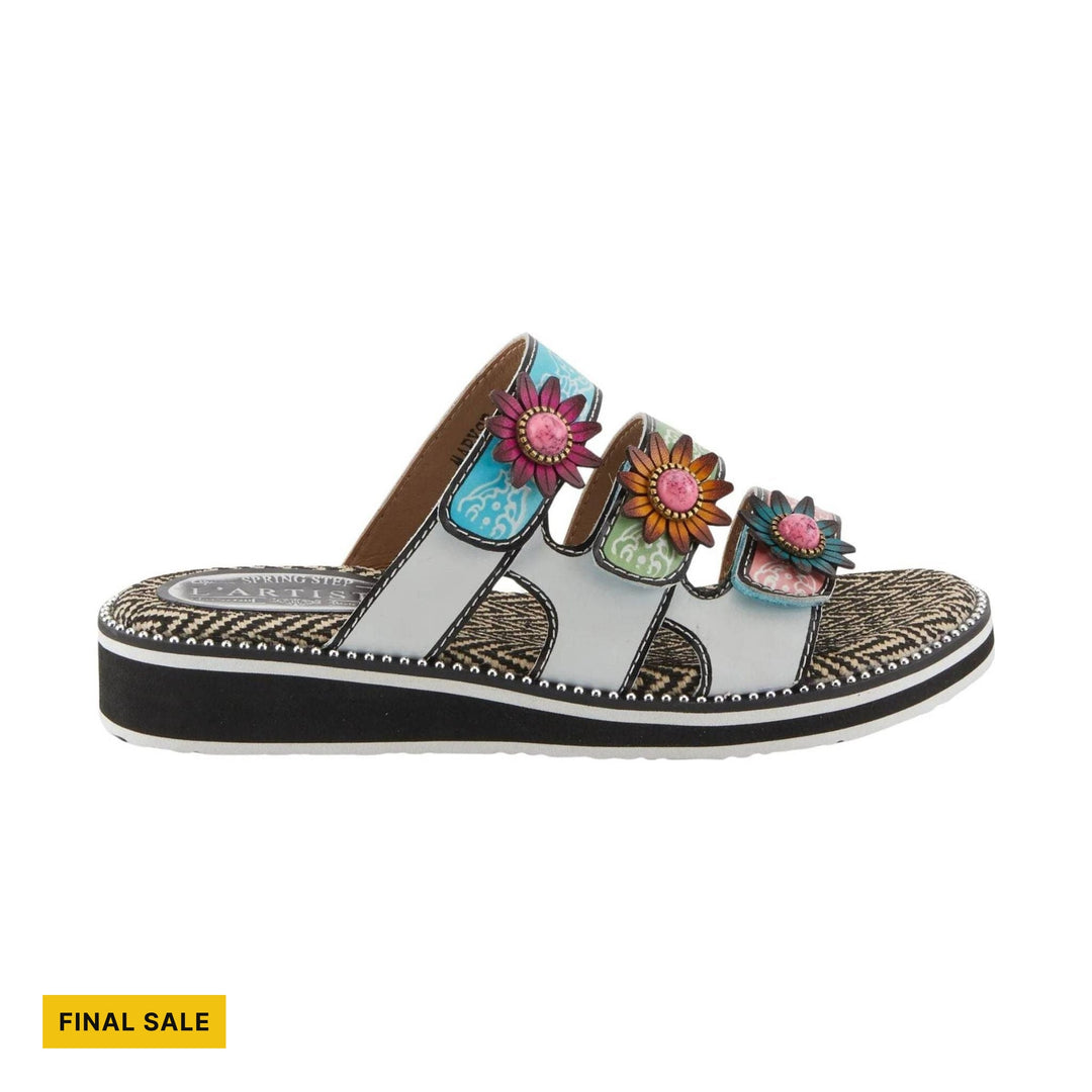 White and black wedge sandal with three floral straps and a patterned footbed, marked FINAL SALE