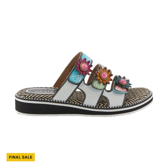 White and black wedge sandal with three floral straps and a patterned footbed, marked FINAL SALE