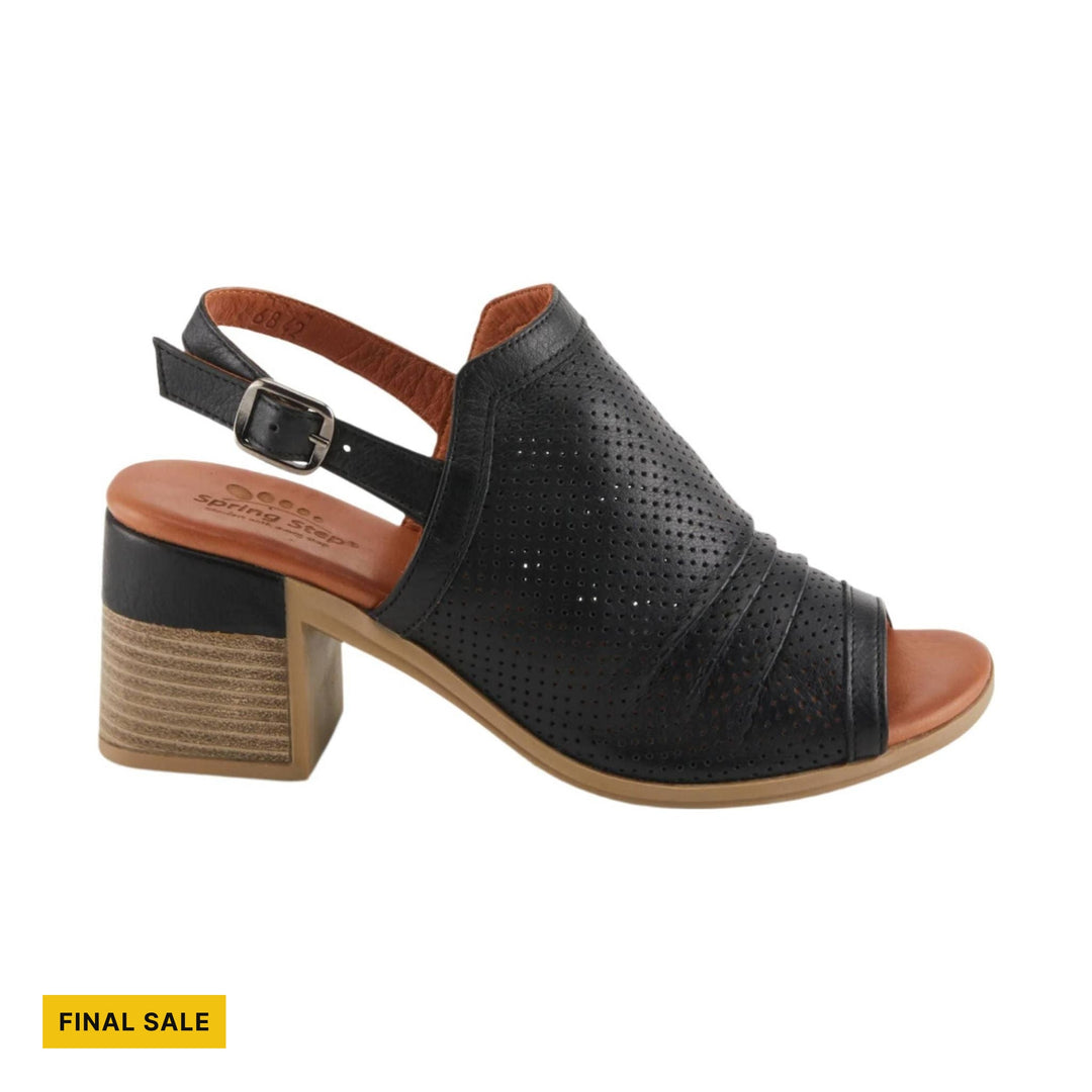 Black perforated slingback block-heel sandal with tan toe and heel details