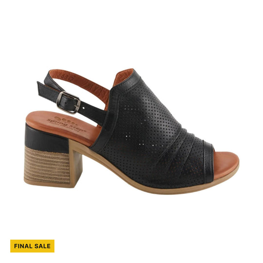 Black perforated slingback block-heel sandal with tan toe and heel details