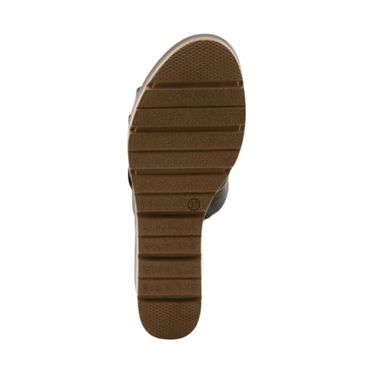 Brown sandal sole shown from below with ridged tread and size 37 marking