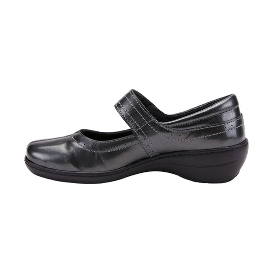 Black Mary Jane wedge shoe with perforated detail and a rounded toe