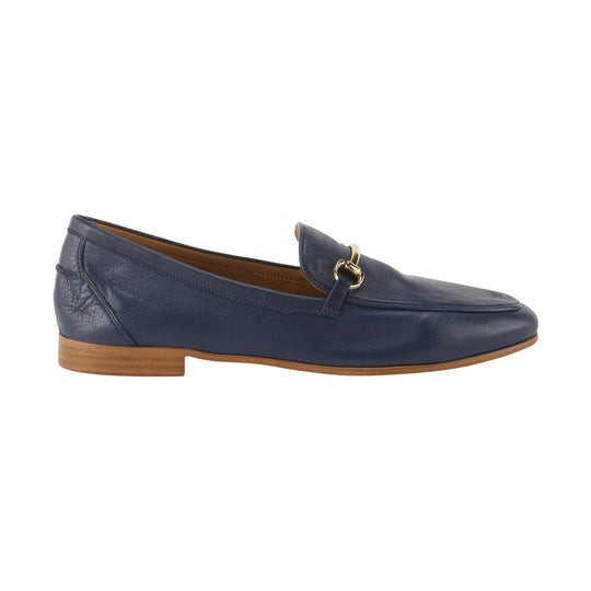 Navy leather loafer with gold bit detail and tan low heel