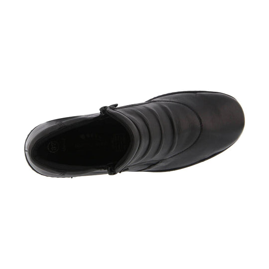 Black ankle boot viewed from above with stitched padded vamp