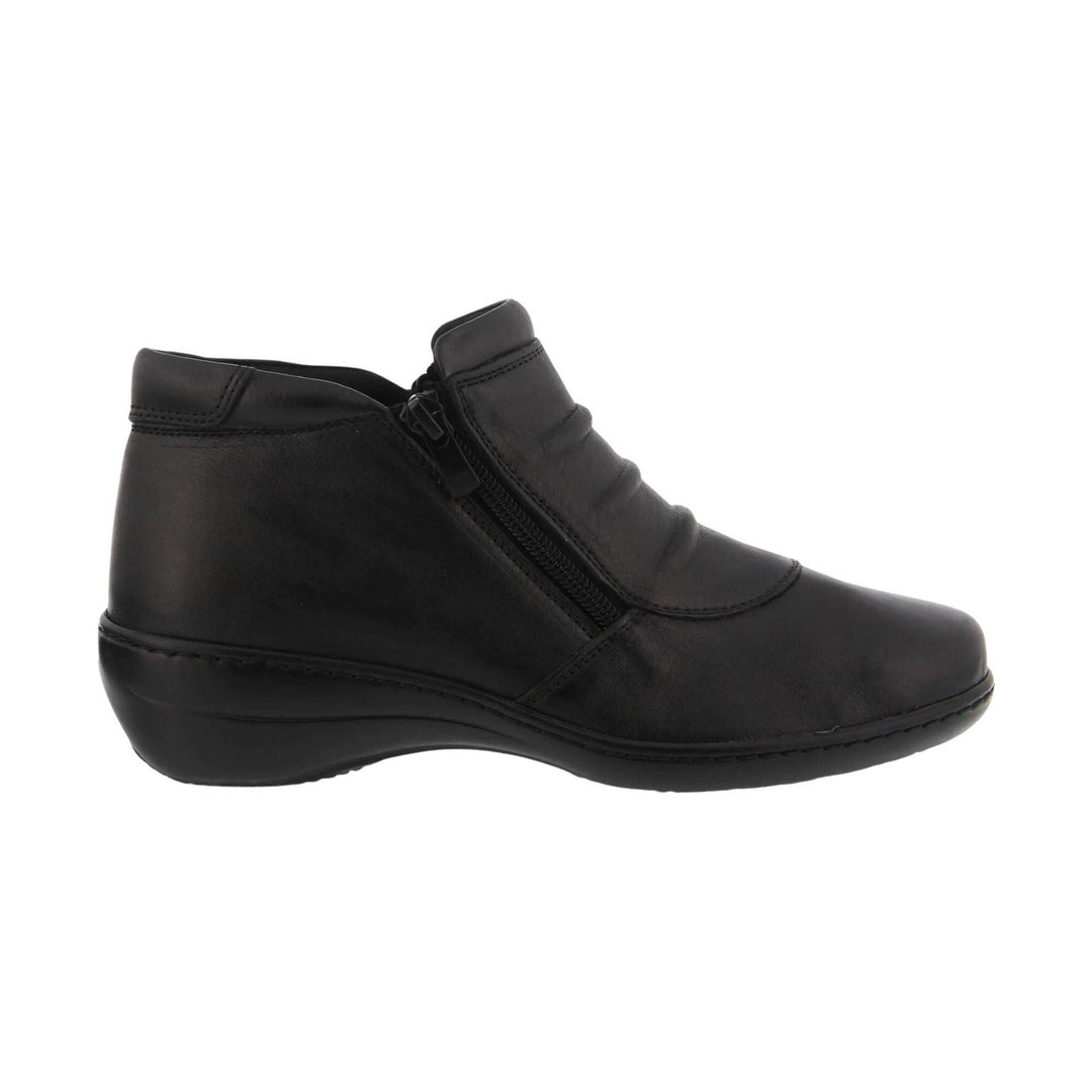 Black ankle boot with side zipper, smooth leather upper, and low wedge sole