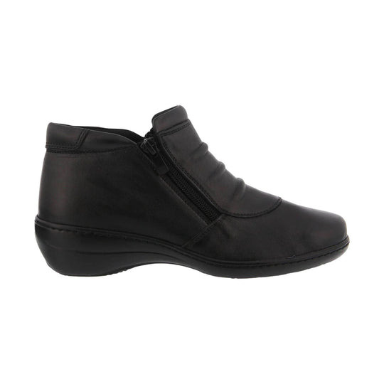 Black ankle boot with side zipper, smooth leather upper, and low wedge sole