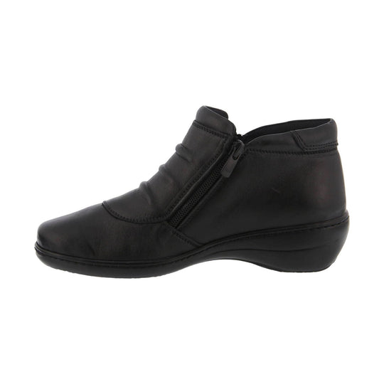 Black ankle boot with side zipper and low wedge heel