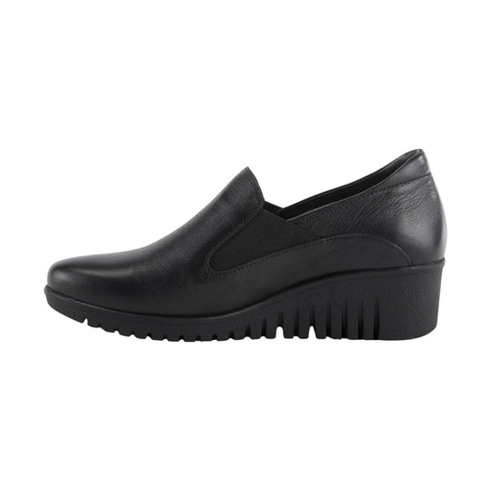 Black slip-on wedge loafer with smooth leather upper and chunky ridged sole