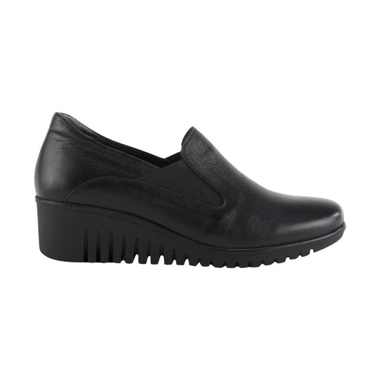 Black slip-on wedge loafer with a textured leather upper and thick lug sole