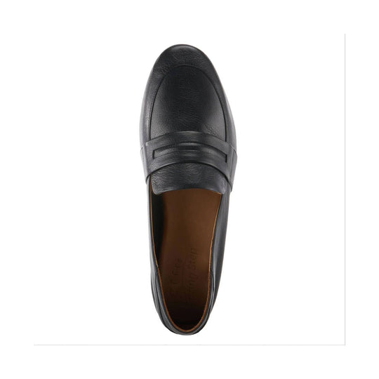 Black leather loafer shown from above with rounded toe, penny strap, and tan lining.