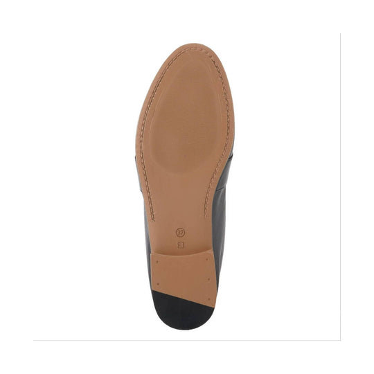 Black loafer shown from the sole, with a tan outsole and black heel tip.