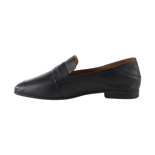 Black leather loafer with a penny strap and low heel, shown in side view