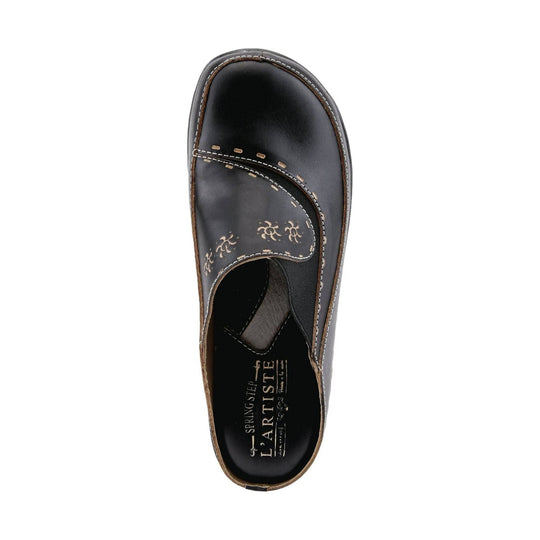 Black slip-on clog with floral cutout details and stitched trim, viewed from above