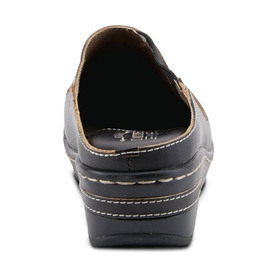 Black leather clog heel with visible stitching and open back, rear view