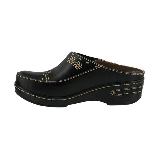 Black leather platform clog mule with beige stitching and floral cutouts