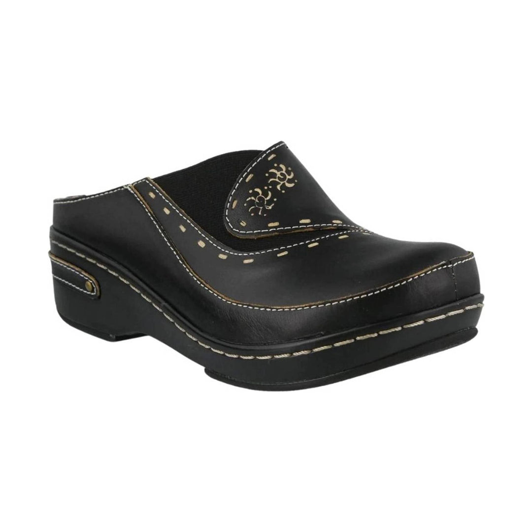 Black slip-on clog with white stitching and beige decorative cutout details on the upper
