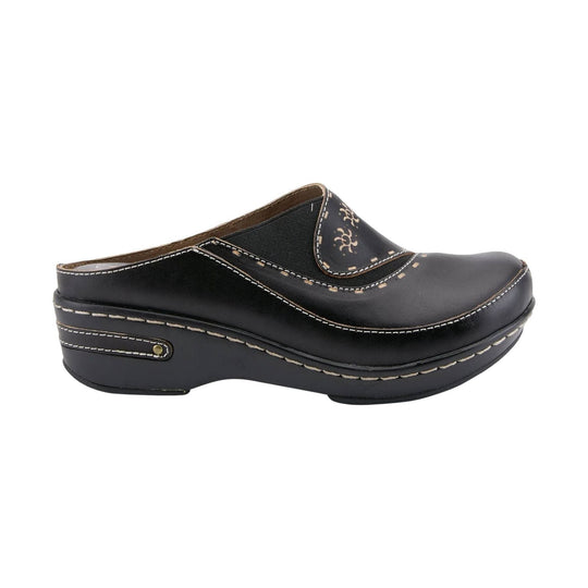 Black clog mule with chunky platform sole, contrast stitching, and tan patterned trim