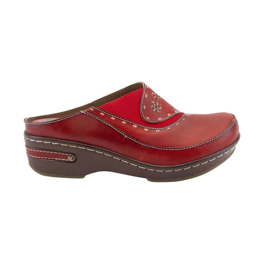 Red leather clog mule with decorative stitching and brown platform sole