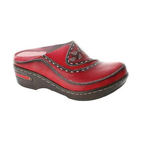 Red slip-on clog with a dark wedge heel, white stitching, and leaf cutout details