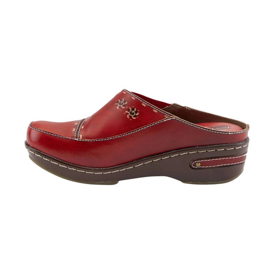 Red leather mule clog with stitched details and a brown wedge sole