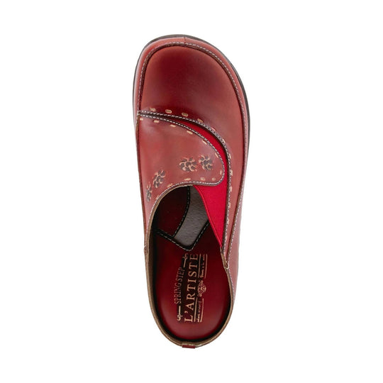 Burgundy leather clog with floral cutouts, open back, and stitched trim