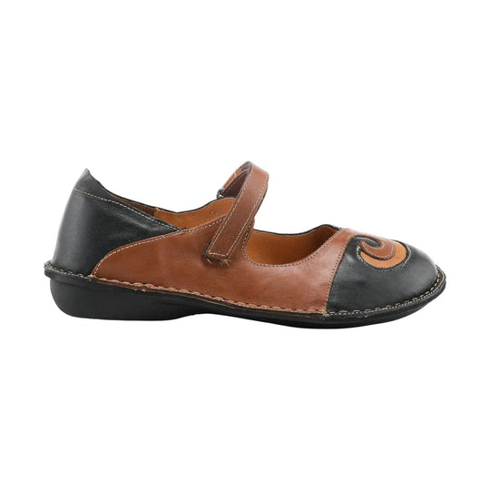Black and brown leather Mary Jane shoe with a swirl toe detail and ankle strap, side view