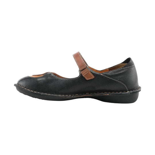 Black closed-toe Mary Jane shoe with brown strap and low wedge sole, side view