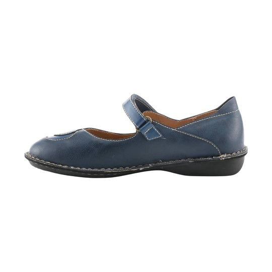 Blue leather Mary Jane shoe with a single strap, white stitching, and a black sole