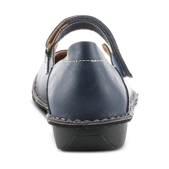 Navy closed-back sandal with stitched leather upper, heel strap, and black outsole